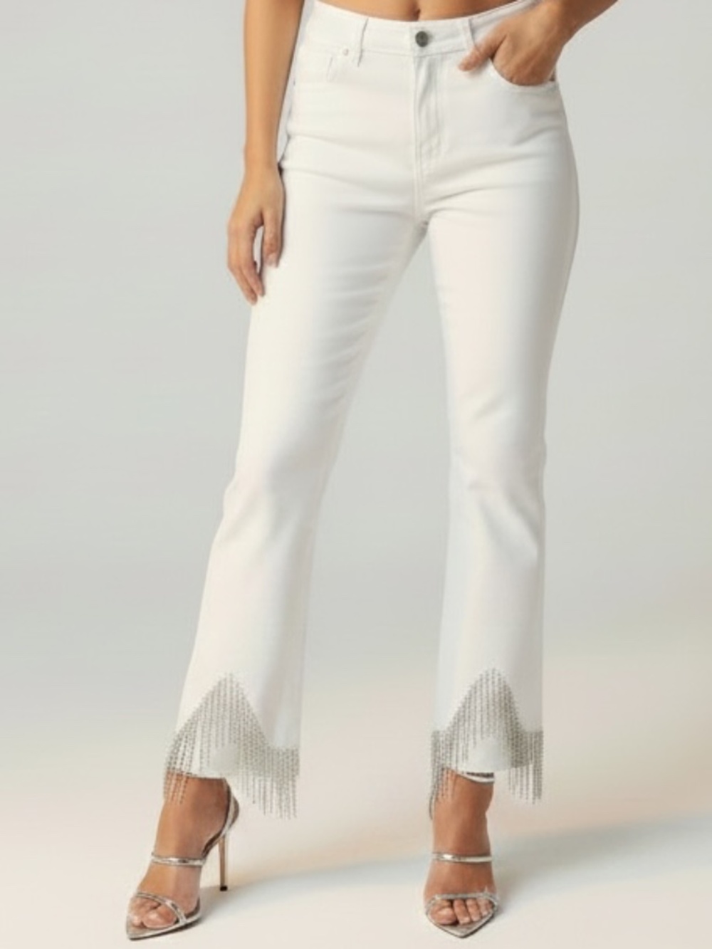 Risen White Jeans with Crop Rhinestone Fringe Ankles